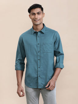 Crocodile - Mens Teal Solid Full Sleeve Casual Shirt