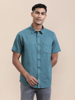 Crocodile - Mens Teal Collar Pure Cotton Solid Half Sleeve Casual Shirt
