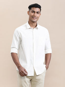 Crocodile - Mens Beige Collar Versatile Stripes Comfort Casual Shirt