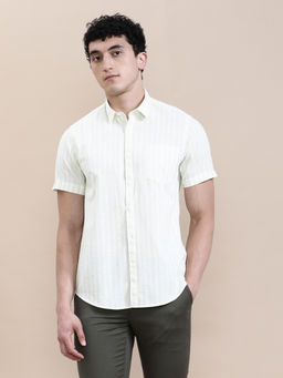 Crocodile - Mens Green Collar Lightweight Stripe Fluid Casual Shirt