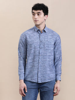 Crocodile - Mens Blue Collar Crinkled Printed Fluid Casual Shirt