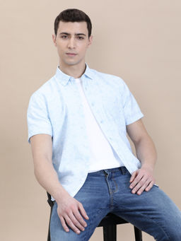 Crocodile - Mens Blue Collar Printed Crinkled Effect Fluid Half Sleeve Casual Shirt