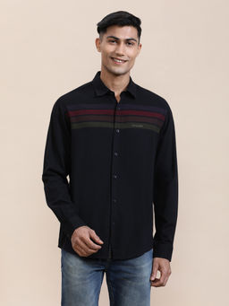 Crocodile - Mens Black Collar Sleek Striped Comfort Casual Shirt