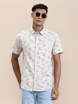 Crocodile - Mens Beige Collar Cotton Floral Printed Half Sleeve Casual Shirt