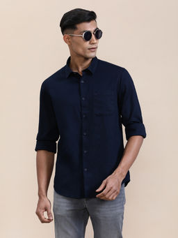 Crocodile - Mens Navy Blue Collar Cotton Solid Full Sleeve Casual Shirt