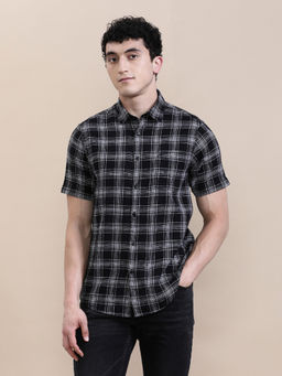 Crocodile - Mens Black Collar Cotton Checks Half Sleeve Casual Shirt