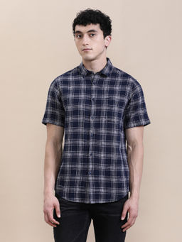 Crocodile - Mens Navy Blue Collar Cotton Checkes Half Sleeve Casual Shirt