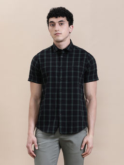 Crocodile - Mens Black Collar Linen Blend Checks Half Sleeve Casual Shirt