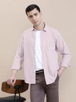 Crocodile - Mens Red Collar Cotton Seersucker Striped Full Sleeve Casual Shirt