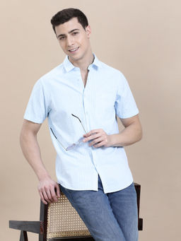 Crocodile - Mens Blue Collar Cotton Seersucker Striped Half Sleeve Casual Shirt