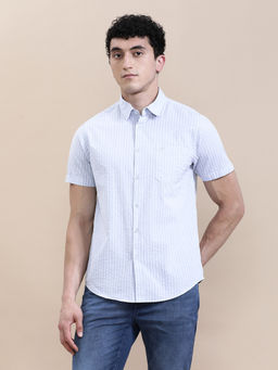 Crocodile - Mens Lavender Collar Cotton Seersucker Striped Half Sleeve Casual Shirt