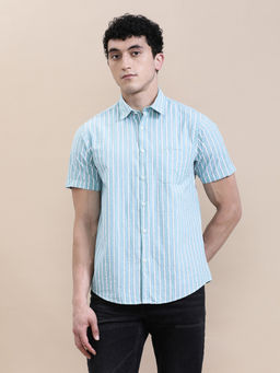 Crocodile - Mens Blue Collar Cotton Seersucker Striped Half Sleeve Casual Shirt