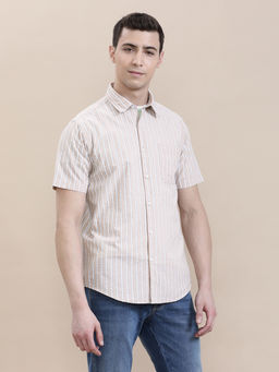 Crocodile - Mens Beige Collar Cotton Seersucker Striped Half Sleeve Casual Shirt