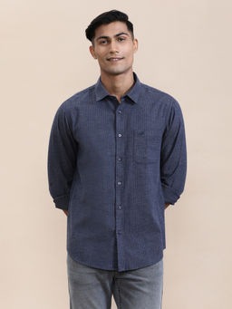 Crocodile - Mens Navy Blue Collar Classic Stripes Casual Shirt