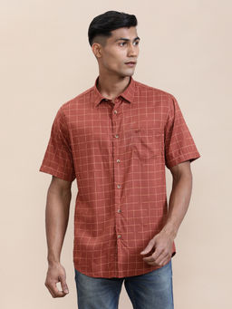 Crocodile - Mens Rust Collar Checks Comfort Half Sleeve Casual Shirt