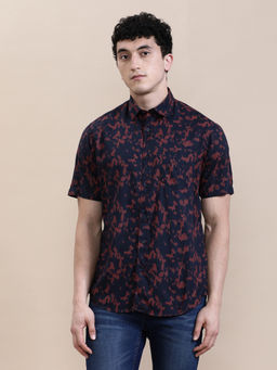 Crocodile - Mens Navy Blue Collar Grunge Printed Fluid Half Sleeve Casual Shirt