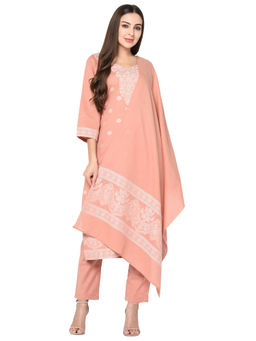 Safaa - Peach Cotton Jacquard Chikankari Unstitched Kurta And Salwar With Dupatta (Set of 3)