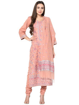 Safaa - Peach Cotton Jacquard Kani Unstitched Kurta And Salwar With Dupatta (Set of 3)