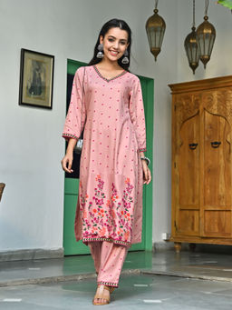 Rustorange - Pink V Neck Polka Kurta Pant (Set of 2)
