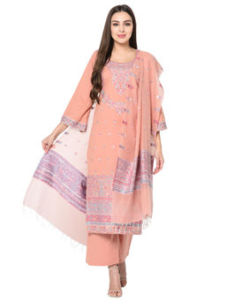 Safaa - Peach Cotton Unstitched Kurta And Salwar With Dupatta (Set of 3)
