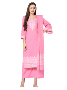 Safaa - Pink Cotton Jacquard Chikankari Unstitched Kurta And Salwar With Dupatta (Set of 3)