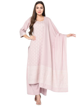 Safaa - Lilac Cotton Jacquard Chikankari Unstitched Kurta And Salwar With Dupatta (Set of 3)