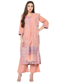 Safaa - Peach Cotton Jacquard Kani Unstitched Kurta And Salwar With Dupatta (Set of 3)