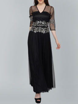 Attic Salt - Silver Beaded Black Tulle Gown