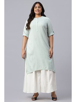 Aurelia - Green & White Cotton Satin Plus Size Kurta