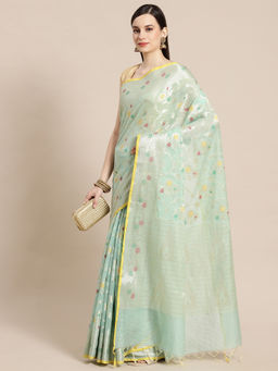 Banarasi Silk Works - Masrise Cotton Woven Saree Green with Unstitched Blouse