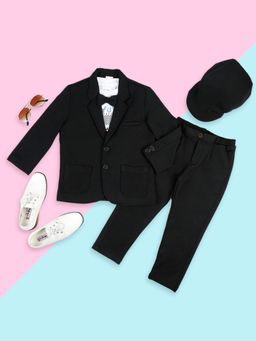 Kids Island - Boys Black Solid Blazer and Pant with T-Shirt & Cap (Set of 5)