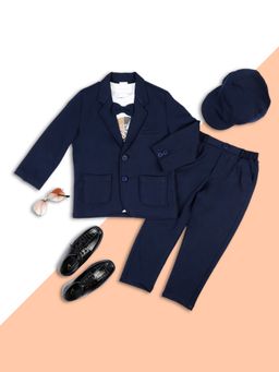 Kids Island - Boys Navy Blue Solid Blazer and Pant with T-Shirt & Cap (Set of 5)