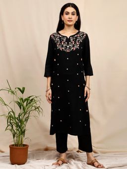 Dharya - Black Embroidered Viscose Linen Kurta with Pant