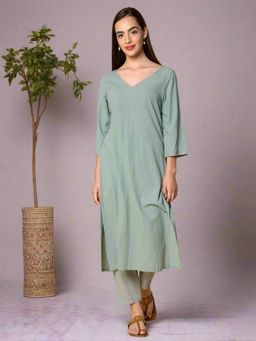 Dharya - Mint Green Embroidered Cotton Kurta with Pant
