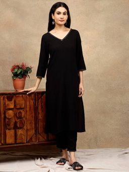 Dharya - Black Embroidered Cotton Kurta with Pant
