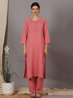 Dharya - Rose Pink Cutwork Embroidered Cotton Kurta with Pant
