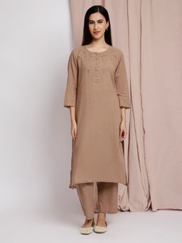 Dharya - Brown Cutwork Embroidered Cotton Kurta with Pant