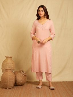 Dharya - Pink V-Neck Embroidered Kurta with Pant