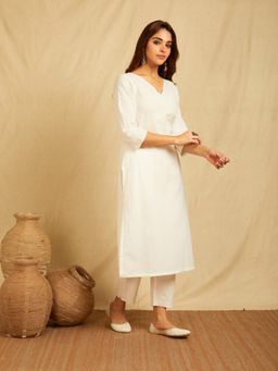 Dharya - White V-Neck Embroidered Kurta with Pant