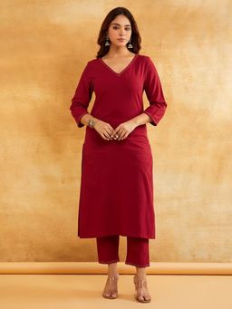 Dharya - Maroon Embroidered Cotton Kurta with Pant