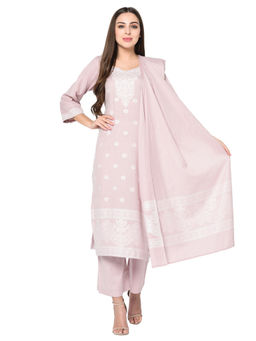 Safaa - Lilac Cotton Jacquard Chikankari Unstitched Kurta And Salwar With Dupatta (Set of 3)