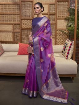 Akhilam - Womens Organza Purple Woven Designer Saree with Unstitched Blouse