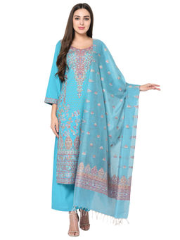 Safaa - Cotton Kani Woven Blue Dress Material
