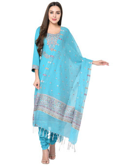 Safaa - Cotton Kani Woven Blue Dress Material