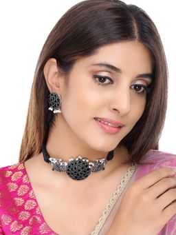 Yellow Chimes - Oxidised Studded Black Stone Peacock Design Necklace (Set of 2)