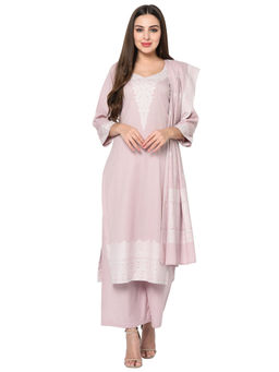 Safaa - Lilac Cotton Jacquard Chikankari Unstitched Kurta And Salwar With Dupatta (Set of 3)