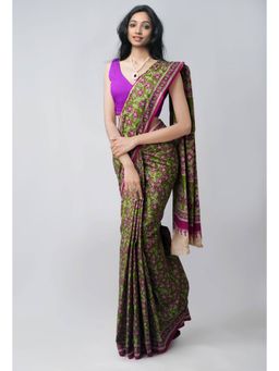 Unnati Silks - Green Pure Block Printed Superfine Krisha Cotton Saree with Unstitched Blouse