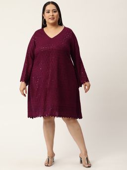 theRebelinme - Plus Size Women Purple Color Embroidered & Sequinned A-Line Dress