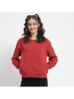 Madame - Solid Brick Red Crew Neck Cotton Sweatshirt