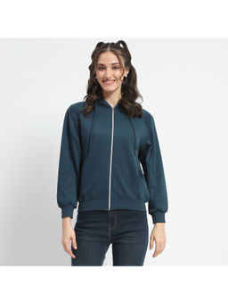 Madame - Teal Zip and Solid Cotton Hoodie